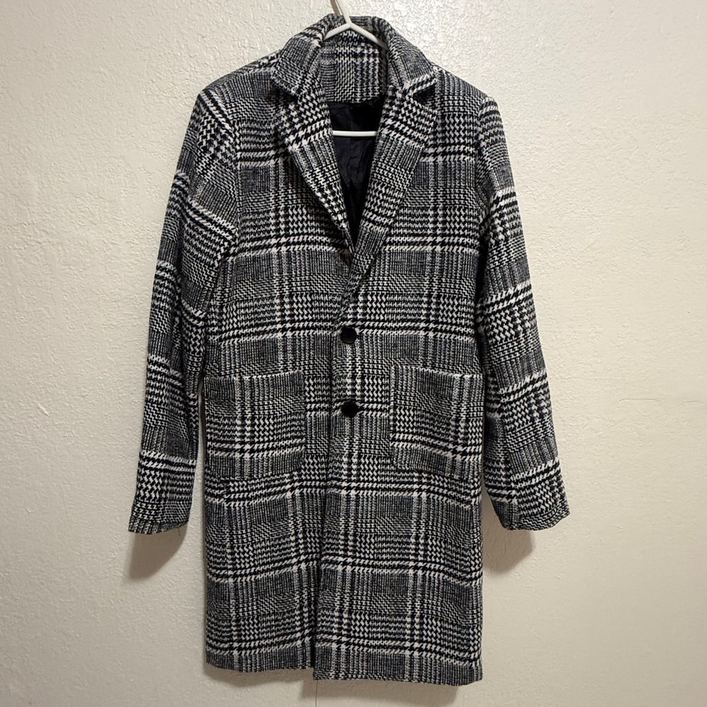 Uaneo Unisex Black White Plaid Wool Blend‎ Longline Coat Jacket RJ-C121 Small - Picture 2 of 16